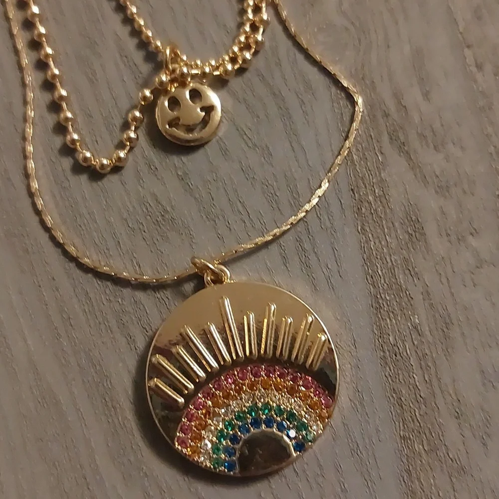 Gold Toned Three Strand Rainbow Smiley Face Ball Chain Necklace